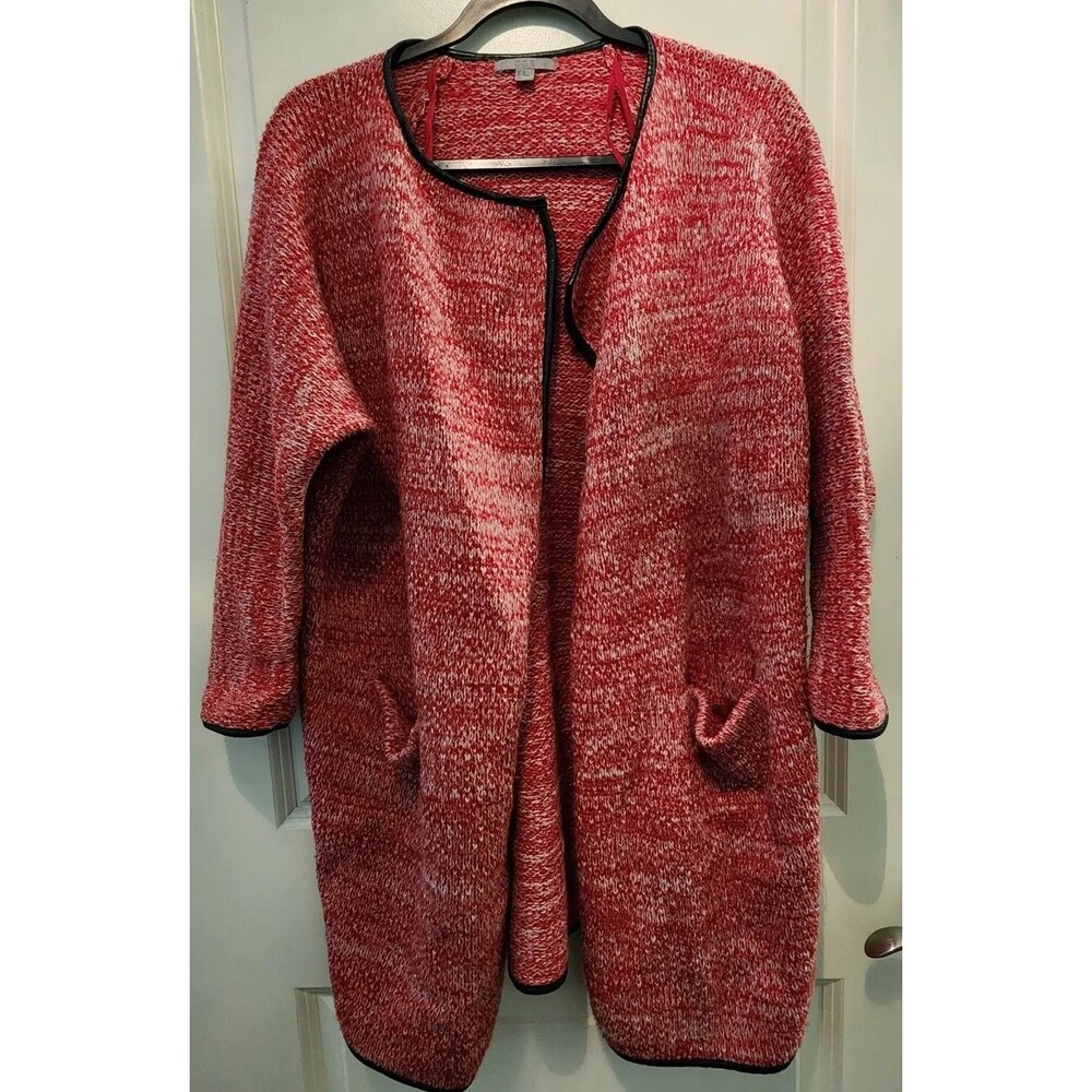 Knitted Sweater Coat  Cardigan Red & White Heathered COS Pockets Leather Trim